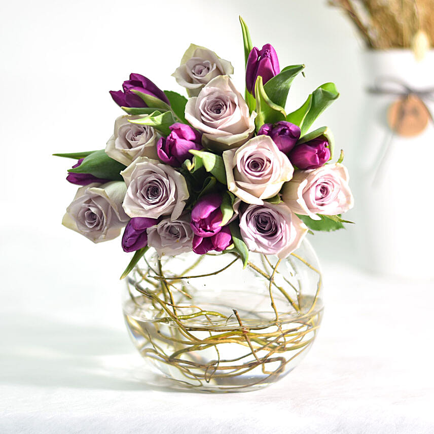 Beautiful Tulips Roses Arrangement in Fish Bowl