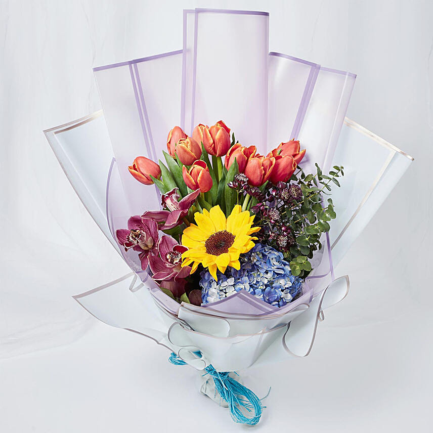 Vibrant Mixed Flowers Wrapped Bouquet