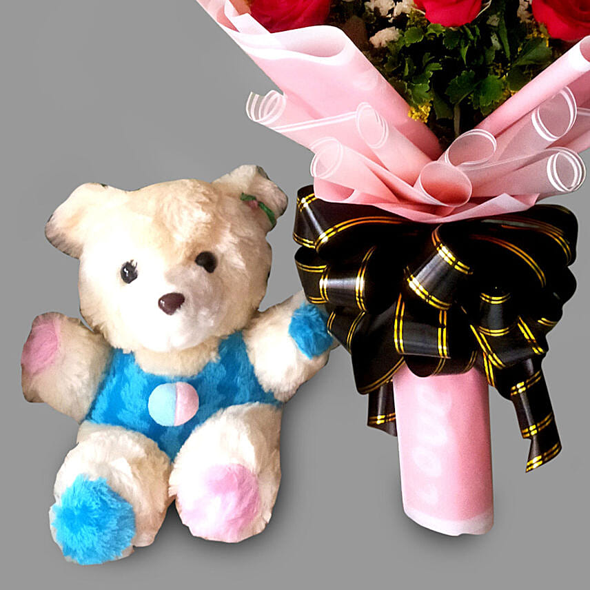 Red Roses Bouquet And Teddy Bear Delivery in Singapore - FNP SG