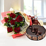 Elegant 6 Roses Bouquet With Chocolate Cake