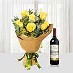 Yellow Roses Bouquet N Wine Combo