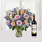 Mixed Flowers Vase Arrangement With Wine