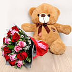 20 Dual Color Roses Bouquet with Brown Teddy