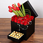 Stylish Box Of Red Flowers with Ferrero Chocolates
