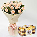 20 Peach Love Roses With 16 Ferrero Rocher Combo