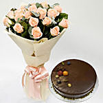 20 Peach Love Roses With Chocolate Cake Combo
