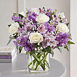 Mixed Floral Bunch In Glass Vase With Chocolate Cake