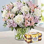 Pink And White Floral Bunch With 16 Ferrero Rocher