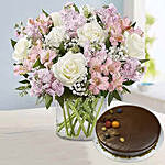 Pink And White Floral Bunch With Chocolate Cake