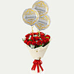 Red Roses Bouquet with Anniversary Balloons