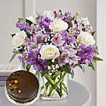 Mixed Floral Bunch In Glass Vase With Chocolate Cake