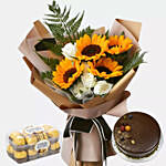9 Mixed Flower Bunch With Chocolates & Cake Combo