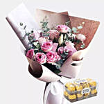15 Pink Roses Bouquet With Ferrero Rocher