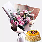 15 Pink Roses Bouquet With Fruit Cake
