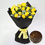 20 Yellow Roses Bouquet With Chocolate Cake