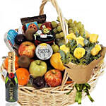 Basket Of Fruits With Roses Bouquet & Champagne
