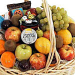Basket Of Fruits With Roses Bouquet & Champagne