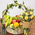 Basket Of Healthy Fruits With Bouquet & Champagne