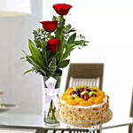 Beauty of 3 Red Roses & Fruit Cake