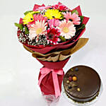 Bunch Of 10 Gerberas With Chocolate Cake