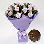 Bunch Of 20 Purple Roses With Chocolate Cake