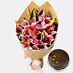 Bunch Of Pink Lilies With Chocolate Cake