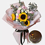 Bunch Of Sunrise Flowers With Chocolate Cake