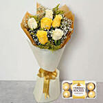 Bunch Of White and Yellow Roses & Ferrero Rocher