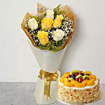 Bunch Of White and Yellow Roses & Fruit Cake