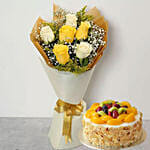 Bunch Of White and Yellow Roses & Fruit Cake