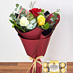 Colored Roses Bunch With Ferrero Rocher
