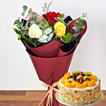 Colored Roses Bunch With Fruit Cake