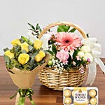 Flower Basket With Roses Bunch & Chocolates