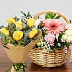 Flower Basket With Roses Bunch & Chocolates