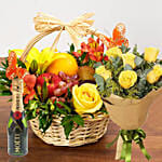 Flowers & Fruits Basket With Bouquet & Champagne