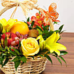 Flowers & Fruits Basket With Bouquet & Champagne