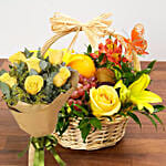 Fresh Flowers & Fruits Basket With Yellow Roses