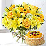 Happy Flowers In Bowl Arrangement With Fruit Cake