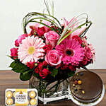 Pink Flowers In Glass Vase With Choco & Cake