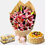 Pink Lilies With Fruit Cake & Ferrero Rocher