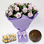 Purple Roses Bunch With Chocolates & Cake