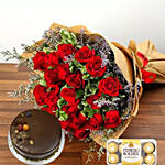 Red Roses Bunch With Choco Cake & Ferrero Rocher