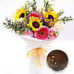 Roses & Sunflower Bunch With Chocolate Cake