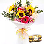 Roses & Sunflower Bunch With Ferrero Rocher