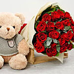 Adorable Brown Teddy Bear and Red Roses Bouquet