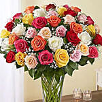 Bunch of 50 Assorted Roses In Glass Vase