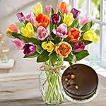 20 Mixed Tulips In Glass Vase With Chocolate Cake