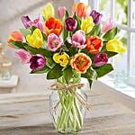 20 Mixed Tulips In Glass Vase With Chocolate Cake