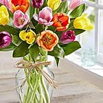 20 Mixed Tulips In Glass Vase With Chocolate Cake