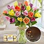 Tulips In Glass Vase With Chocolates & Cake Combo